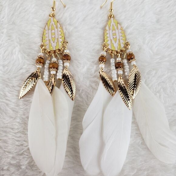 Feather Beaded Drop Earrings - Picture 3 of 4